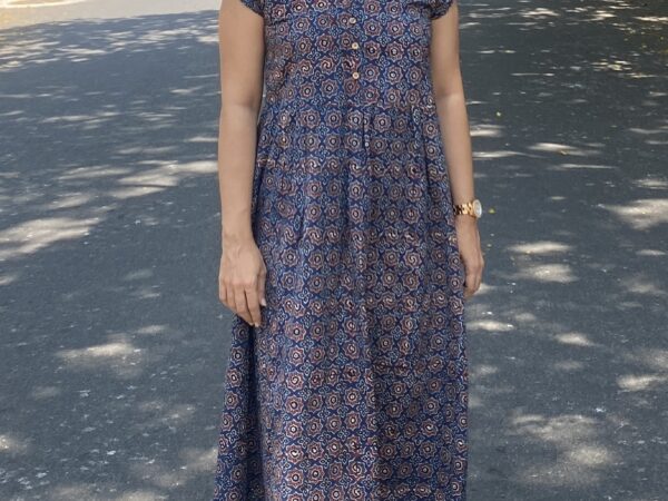Notch up (Ajrakh Notched collared dress in Blue)