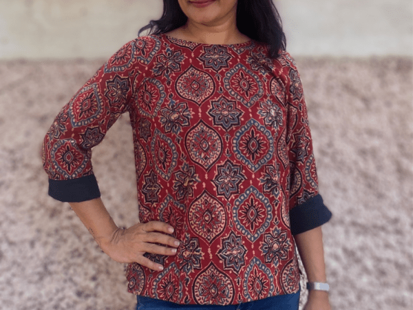 Roll up your sleeves (Ajrakh Top in Red prints)