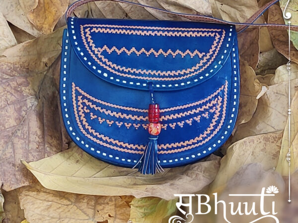 Kutch Tribal Leather Bag- Blue (Small)