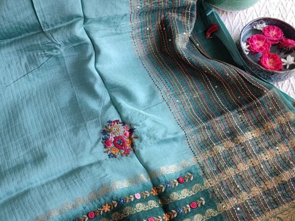 Dynasty Green Dual shade Dola Silk saree with Hand Embroidery