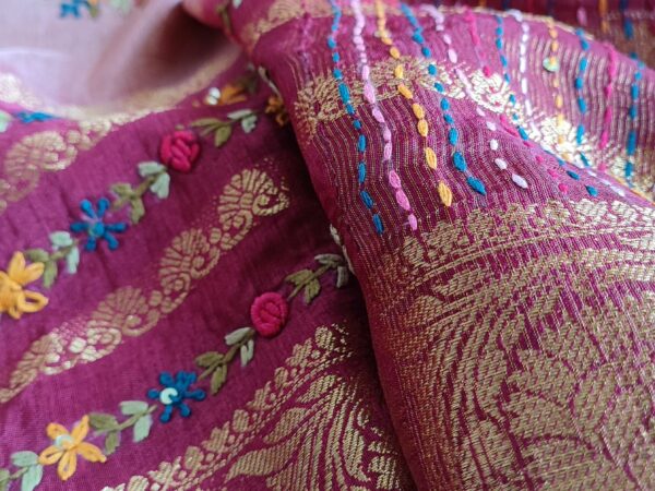 Peach And Maroon Dual shade Dola Silk saree with Hand Embroidery