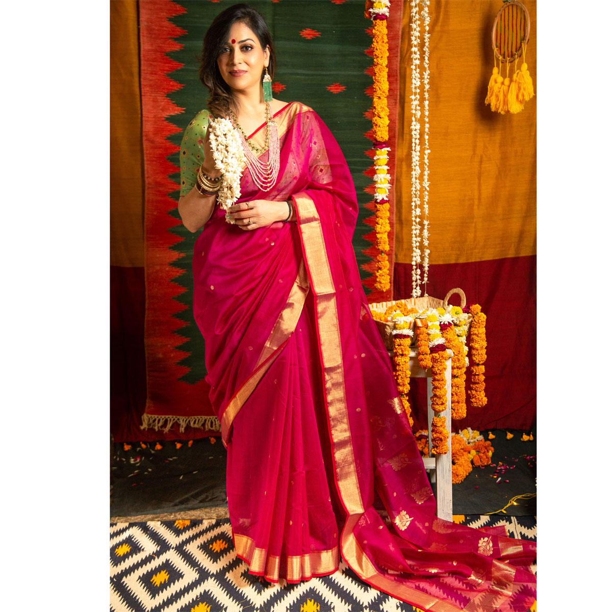 Woven Chanderi Silk Saree in Baby Pink : SHDA255
